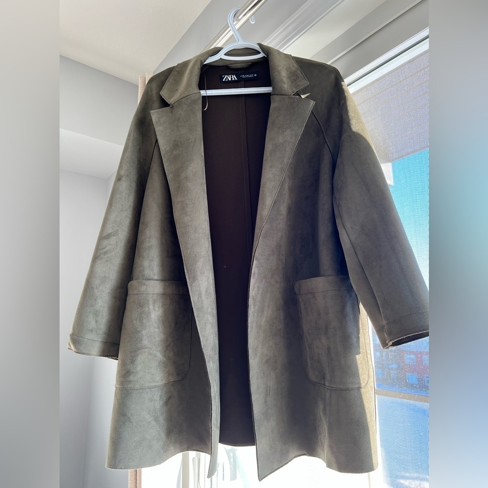 NWOT Zara faux suede jacket, green, oversized, soft, extra Small
